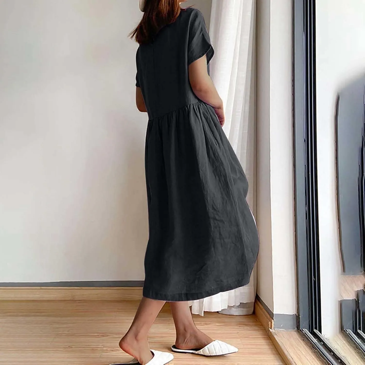 JOAU Women's Summer Cotton Linen Dress, Solid O-Neck Midi Dress with Pocket Short Sleevele Casual Loose Shift Dress