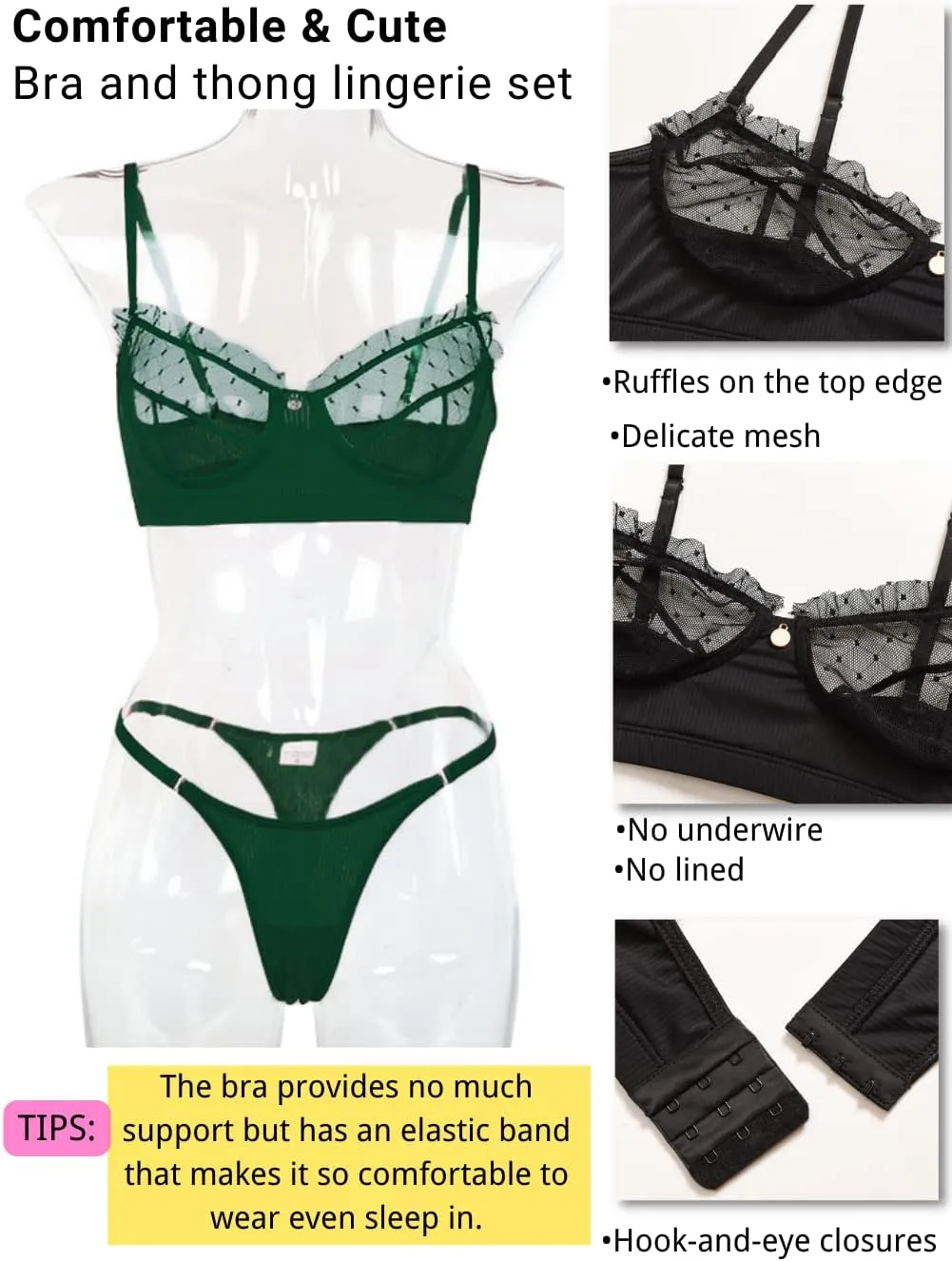 Kaei&Shi Sexy Lingerie for Women,Ruffle 2 Piece Lace Lingerie Set,Sheer Bra and Panty Sets Valentine