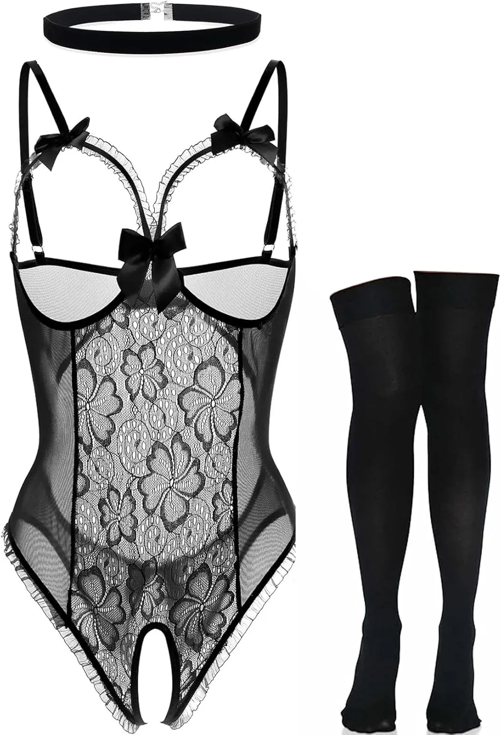 KAPIBARA Sexy Lingerie Sets for Women One Piece Lingerie with Stocking Lace Babydoll Mini Bodysuit Black (Black, M)