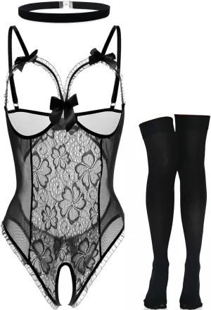KAPIBARA Sexy Lingerie Sets for Women One Piece Lingerie with Stocking Lace Babydoll Mini Bodysuit Black (Black, M)