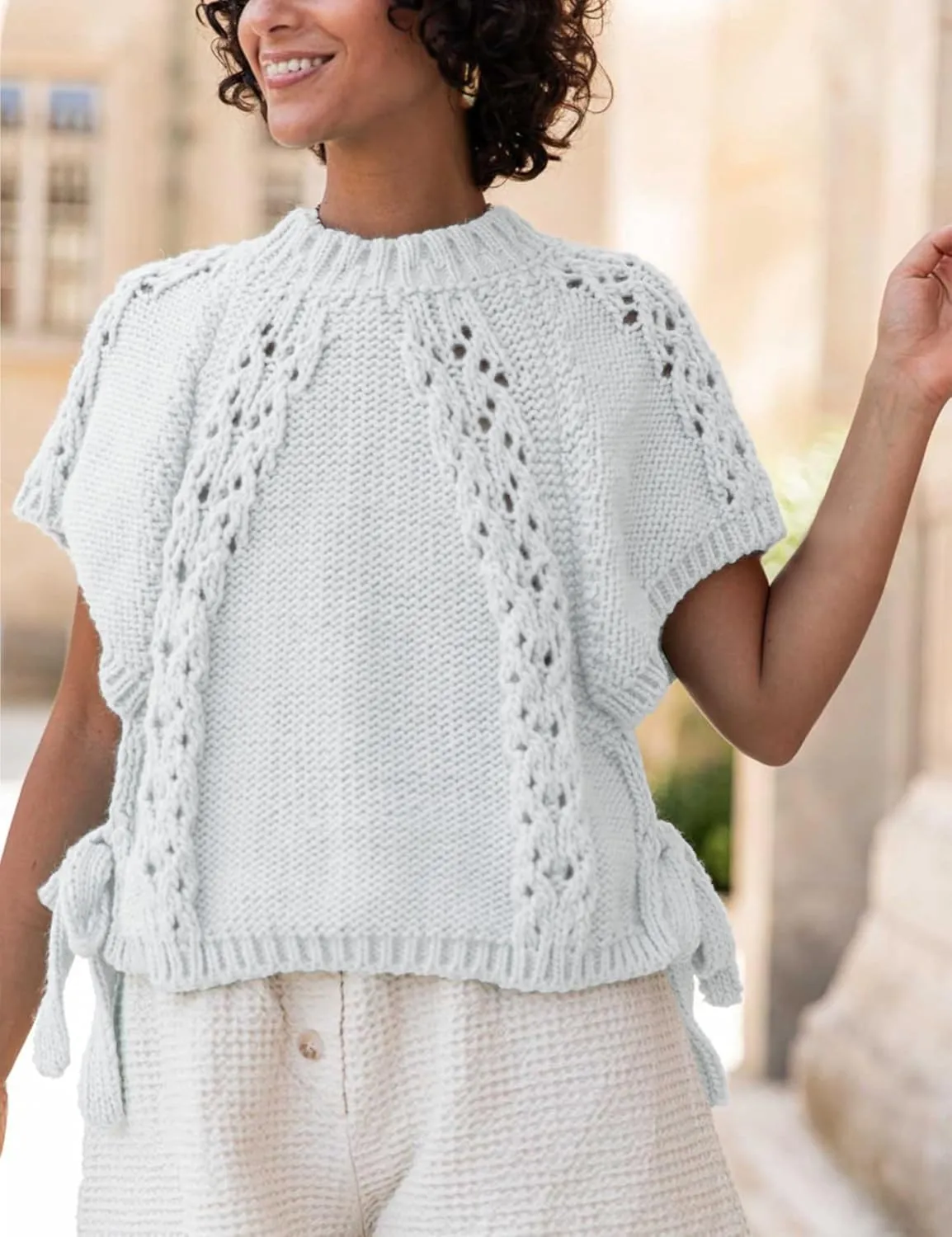 Knitted Tops Short Sleeve Sweater for Women Lace Up Crew Neck Crochet Tops Hollow Out Pullover Shirts