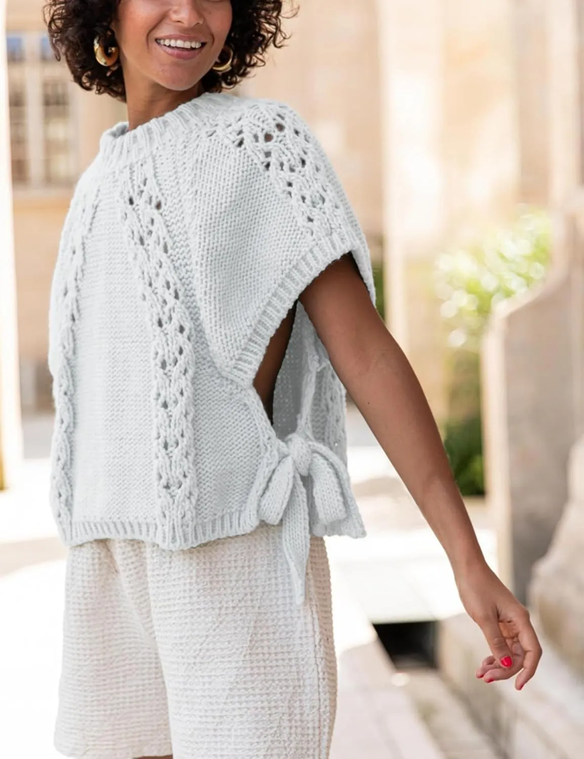 Knitted Tops Short Sleeve Sweater for Women Lace Up Crew Neck Crochet Tops Hollow Out Pullover Shirts