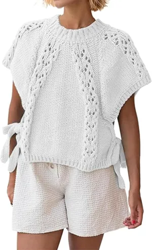 Knitted Tops Short Sleeve Sweater for Women Lace Up Crew Neck Crochet Tops Hollow Out Pullover Shirts