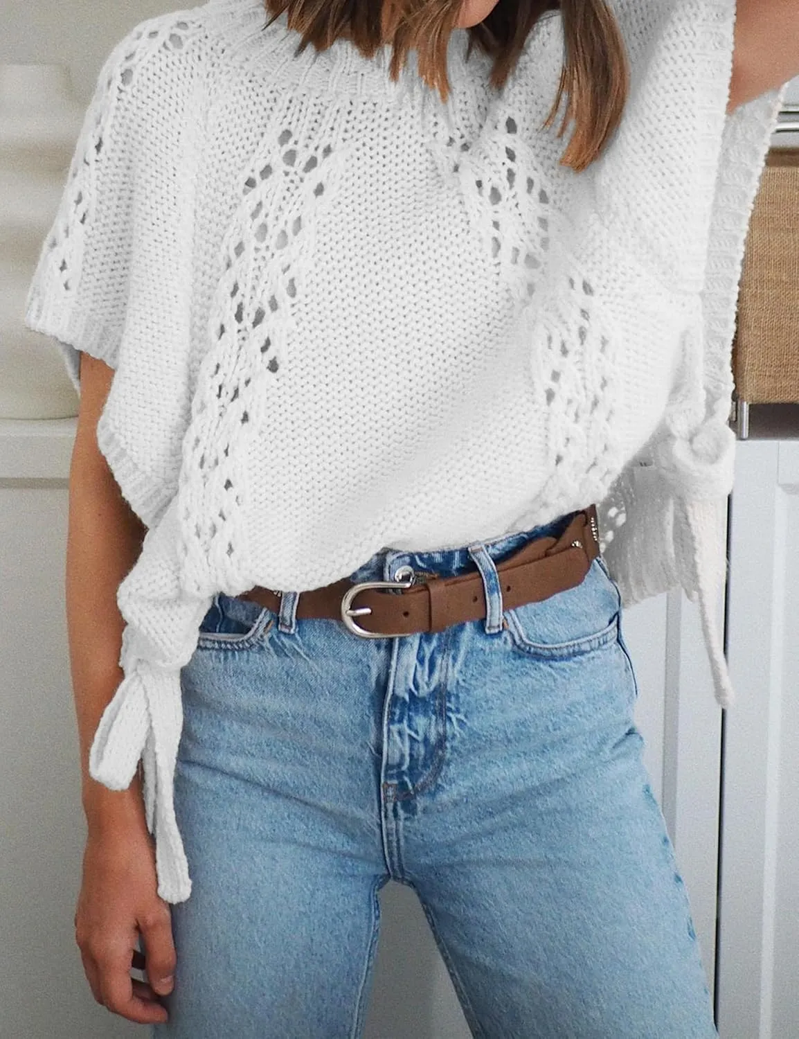 Knitted Tops Short Sleeve Sweater for Women Lace Up Crew Neck Crochet Tops Hollow Out Pullover Shirts