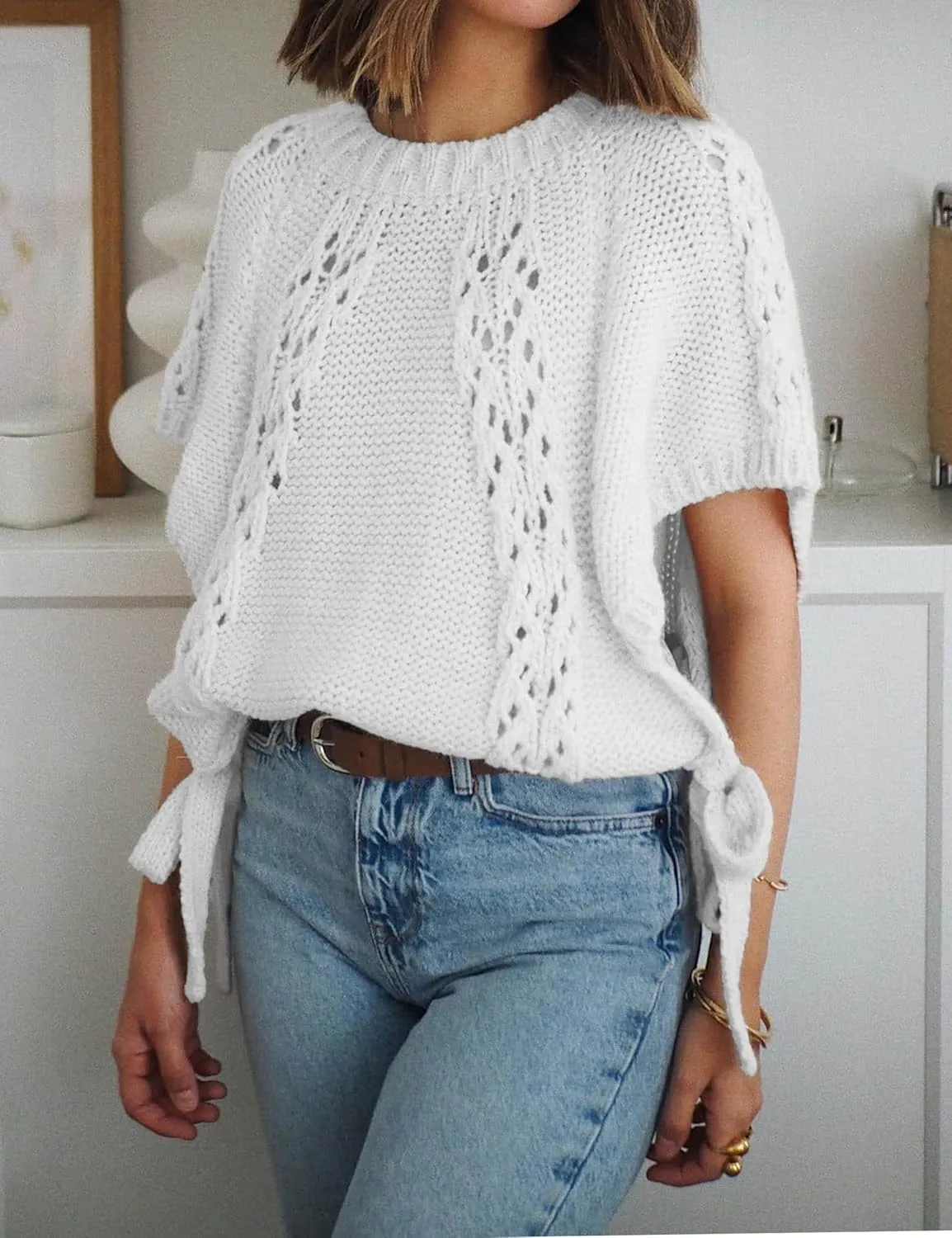 Knitted Tops Short Sleeve Sweater for Women Lace Up Crew Neck Crochet Tops Hollow Out Pullover Shirts