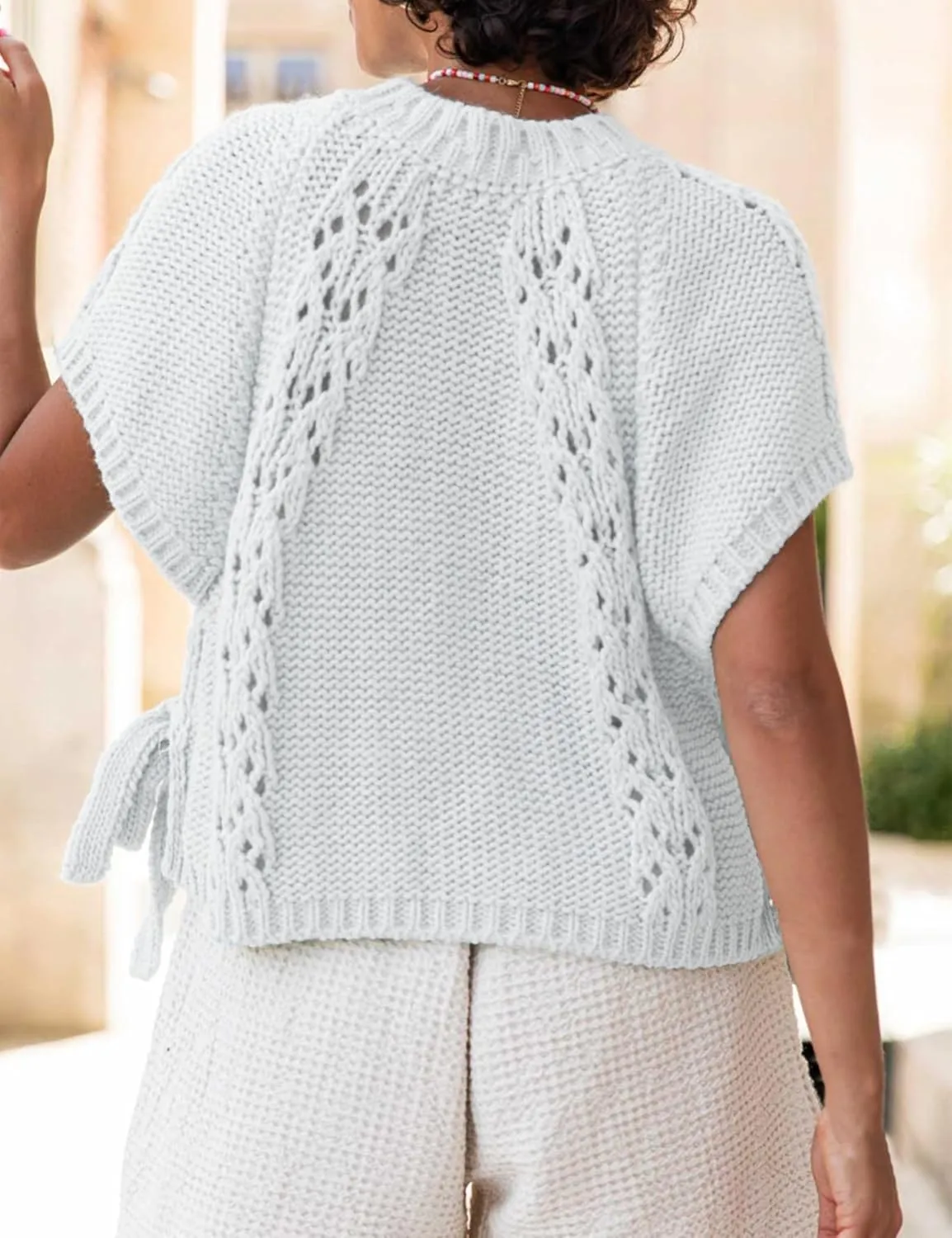 Knitted Tops Short Sleeve Sweater for Women Lace Up Crew Neck Crochet Tops Hollow Out Pullover Shirts