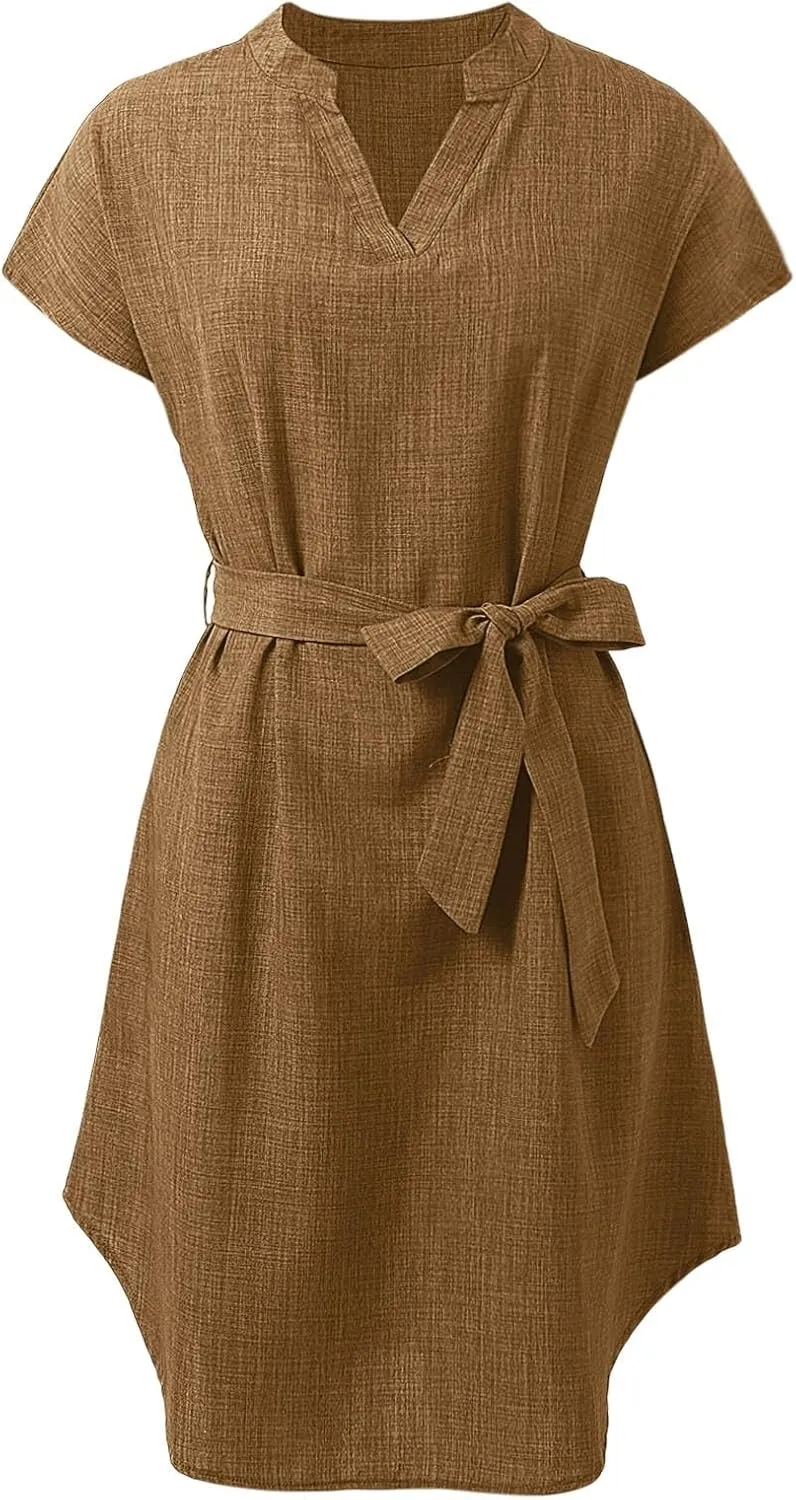 Lightweight Linen Shirt Dress Summer Beach Short Sleeve Midi Dresses with Belt Party Comfy Church Outfits for Women