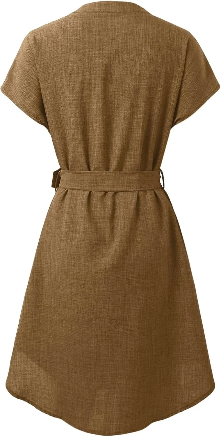 Lightweight Linen Shirt Dress Summer Beach Short Sleeve Midi Dresses with Belt Party Comfy Church Outfits for Women