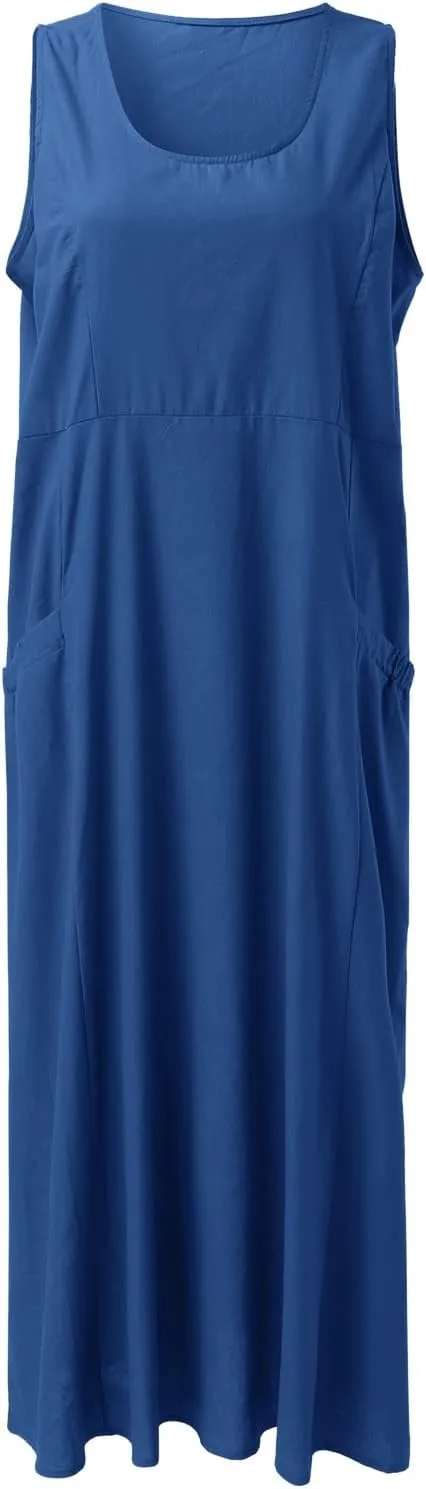 Linen Dresses for Women 2025 Summer Casual Sleeveless Sun Dress Maxi Tunic Tank Beach Vacation Dress with Pocket