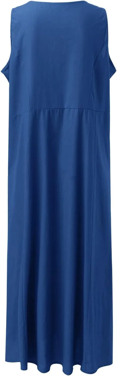 Linen Dresses for Women 2025 Summer Casual Sleeveless Sun Dress Maxi Tunic Tank Beach Vacation Dress with Pocket