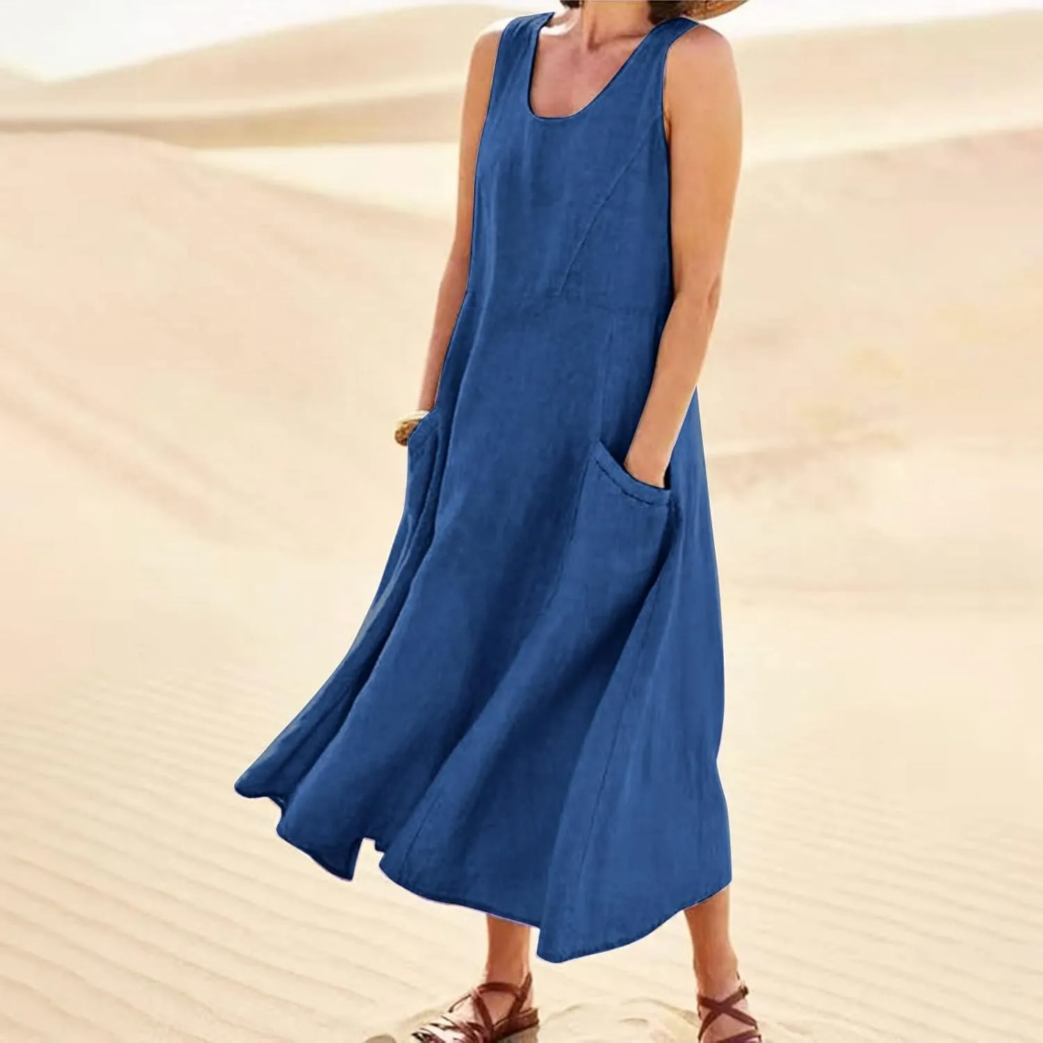 Linen Dresses for Women 2025 Summer Casual Sleeveless Sun Dress Maxi Tunic Tank Beach Vacation Dress with Pocket