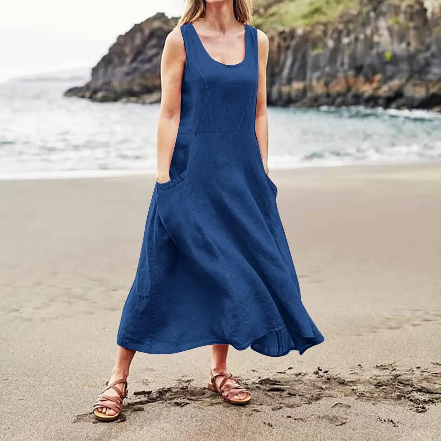 Linen Dresses for Women 2025 Summer Casual Sleeveless Sun Dress Maxi Tunic Tank Beach Vacation Dress with Pocket