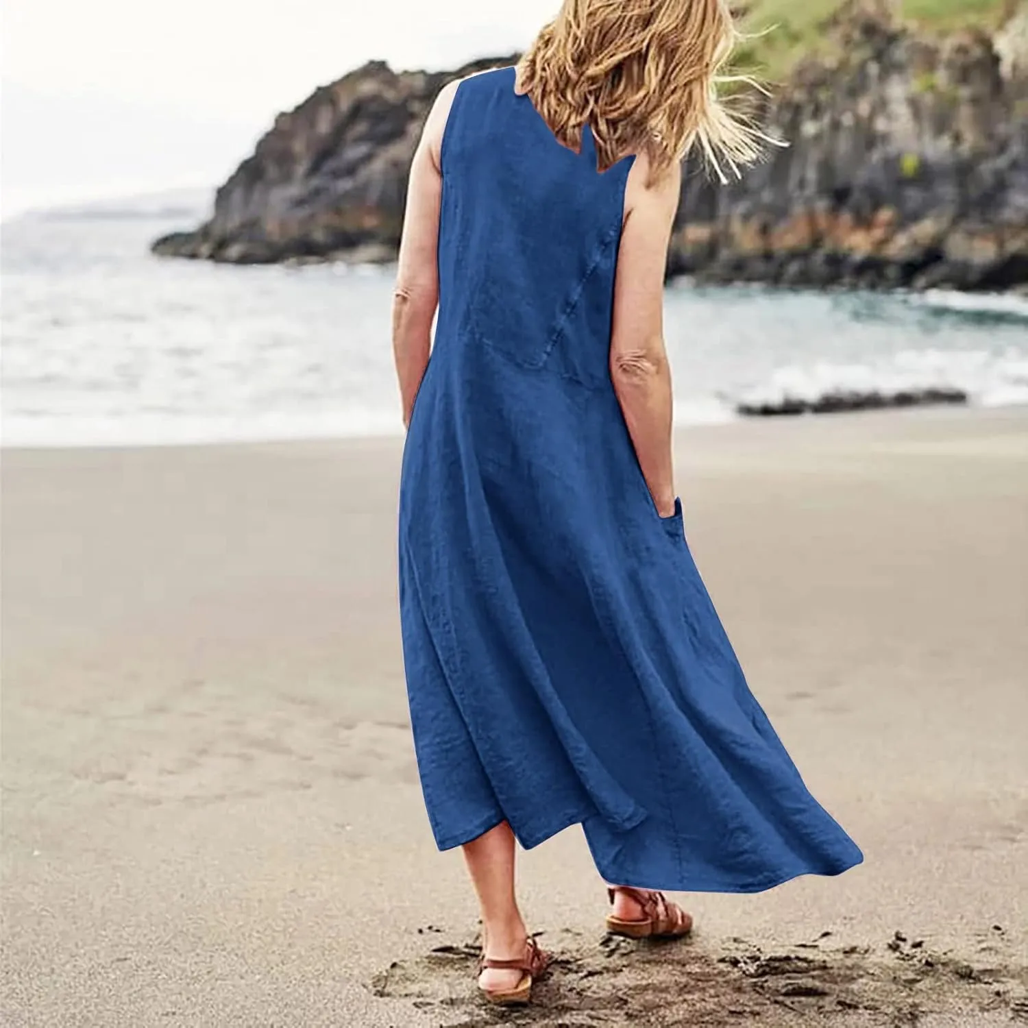 Linen Dresses for Women 2025 Summer Casual Sleeveless Sun Dress Maxi Tunic Tank Beach Vacation Dress with Pocket