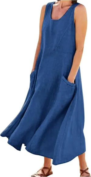 Linen Dresses for Women 2025 Summer Casual Sleeveless Sun Dress Maxi Tunic Tank Beach Vacation Dress with Pocket