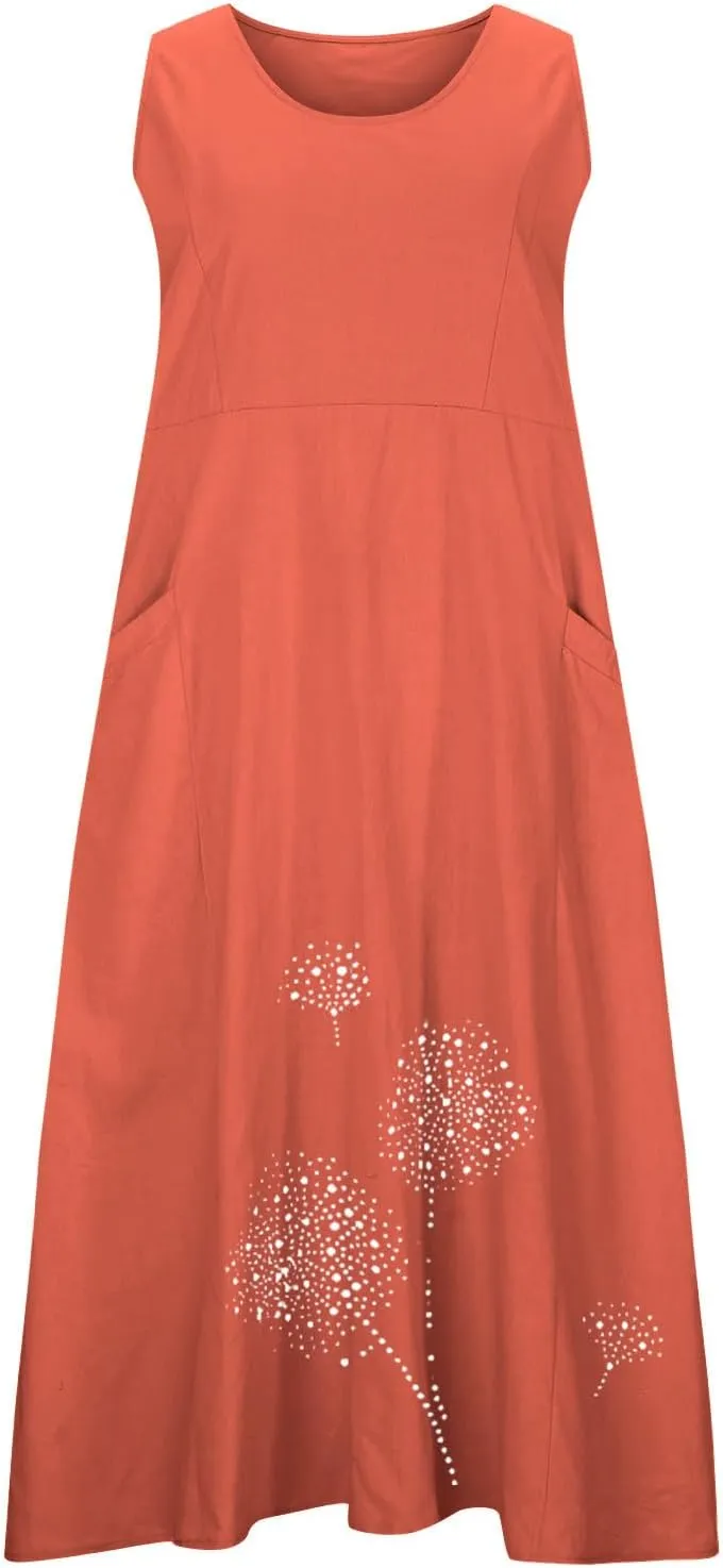 Linen Dresses for Women Summer Sleeveless Maxi Dresses Dressy Casual Crewneck Sun Dresses Trendy Summer Beach Outfits