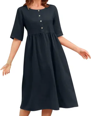 Linen Dresses for Women Vacation Loose Button Pleated Sundress Fashion Solid Casual Short Sleeve Summer Dress