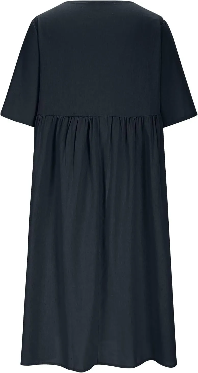 Linen Dresses for Women Vacation Loose Button Pleated Sundress Fashion Solid Casual Short Sleeve Summer Dress