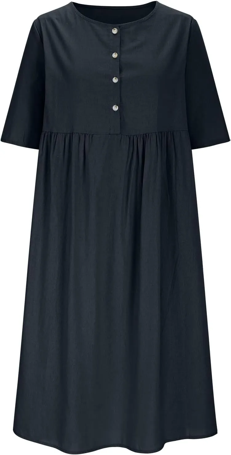 Linen Dresses for Women Vacation Loose Button Pleated Sundress Fashion Solid Casual Short Sleeve Summer Dress