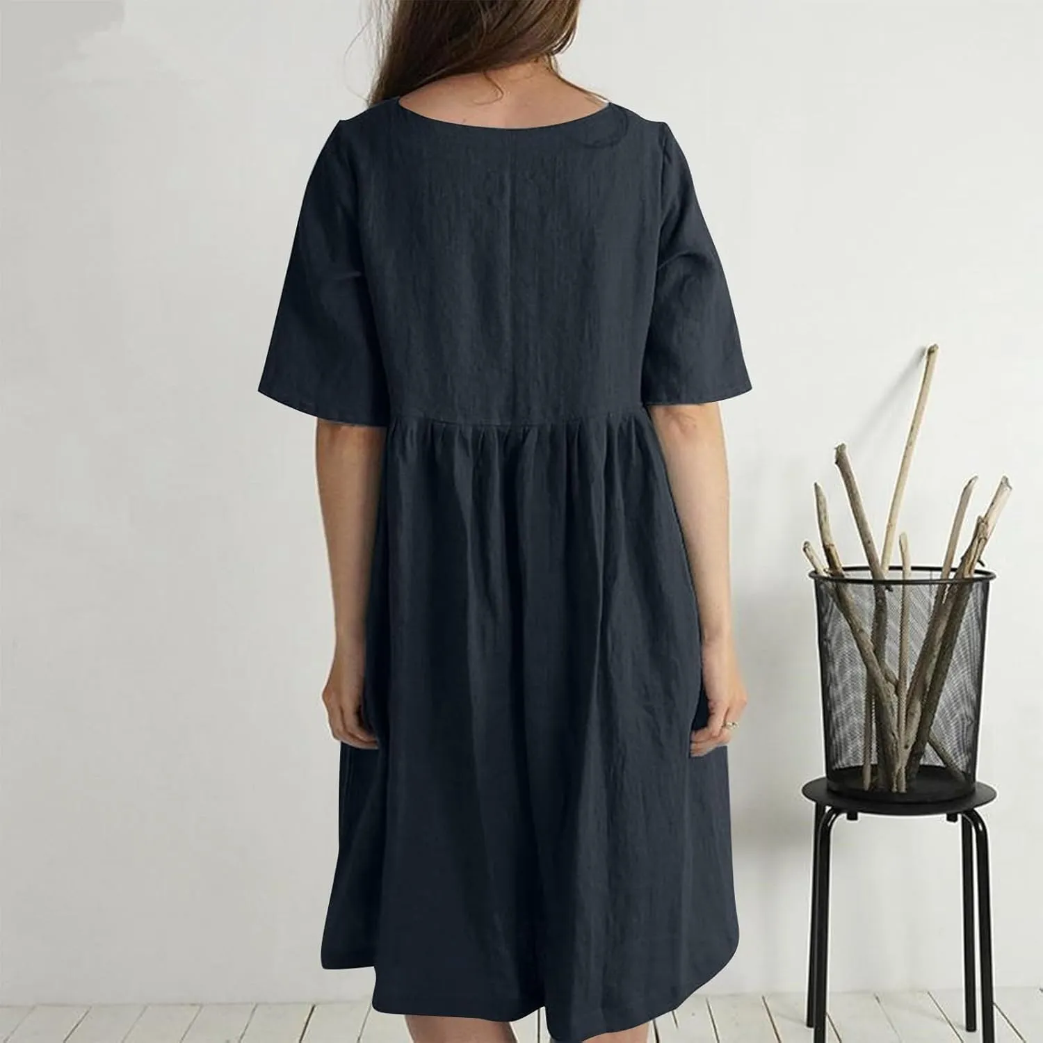 Linen Dresses for Women Vacation Loose Button Pleated Sundress Fashion Solid Casual Short Sleeve Summer Dress