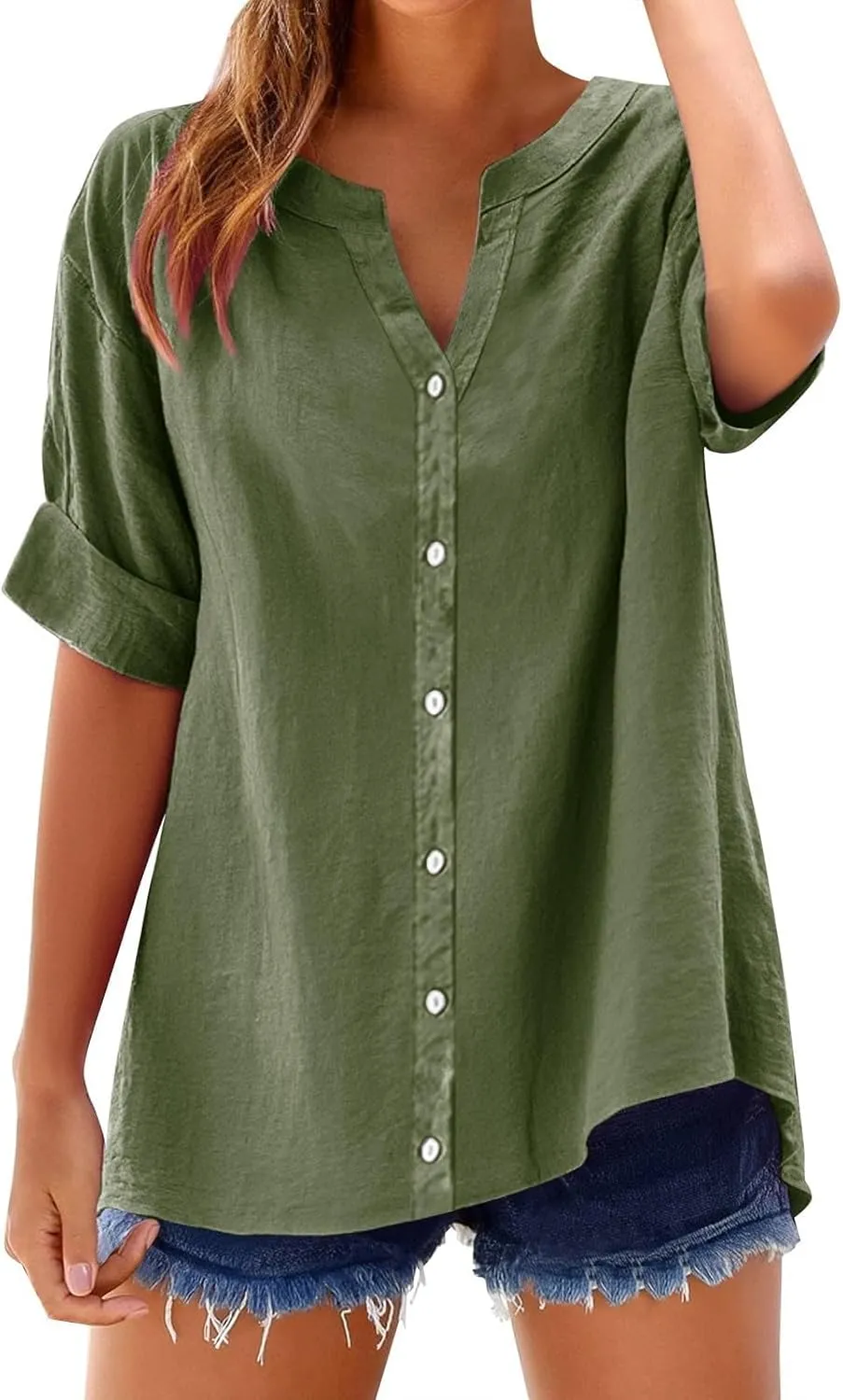 Linen Shirts for Women 2025 Summer Simple Solid Print Button Down V Neck Short Sleeve Blouses Comfy Womens Cotton Tops