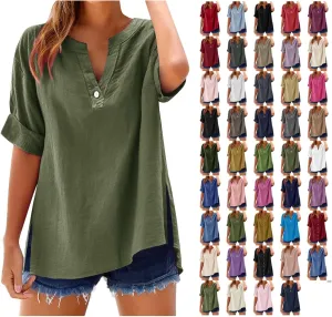 Linen Shirts for Women 2025 Summer Simple Solid Print Button Down V Neck Short Sleeve Blouses Comfy Womens Cotton Tops