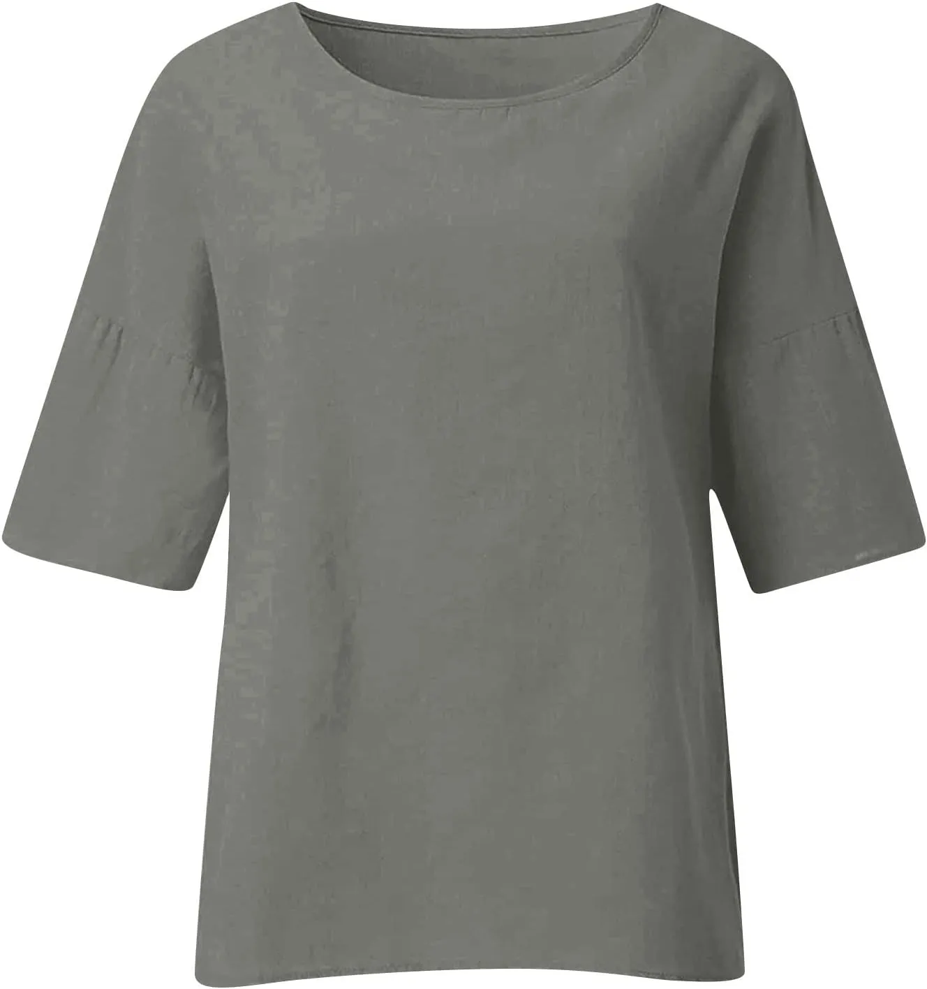 Linen Shirts for Women 3/4 Sleeve Tops Summer Casual Solid Color Basic Crew Neck Pullover Blouse Ladies Tunic Tshirt