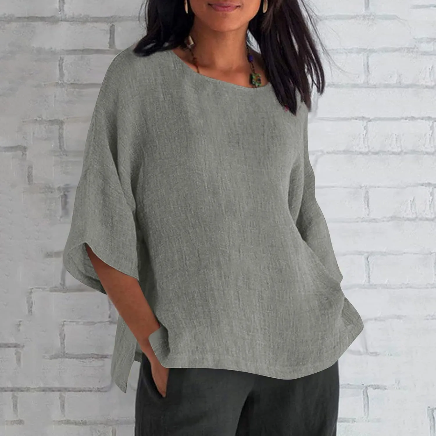 Linen Shirts for Women 3/4 Sleeve Tops Summer Casual Solid Color Basic Crew Neck Pullover Blouse Ladies Tunic Tshirt