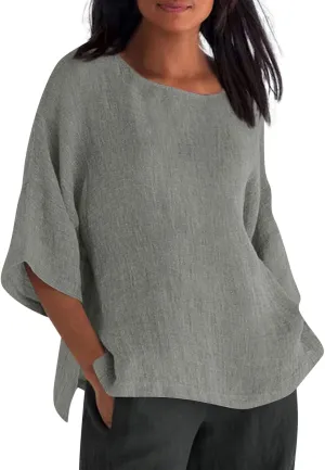 Linen Shirts for Women 3/4 Sleeve Tops Summer Casual Solid Color Basic Crew Neck Pullover Blouse Ladies Tunic Tshirt