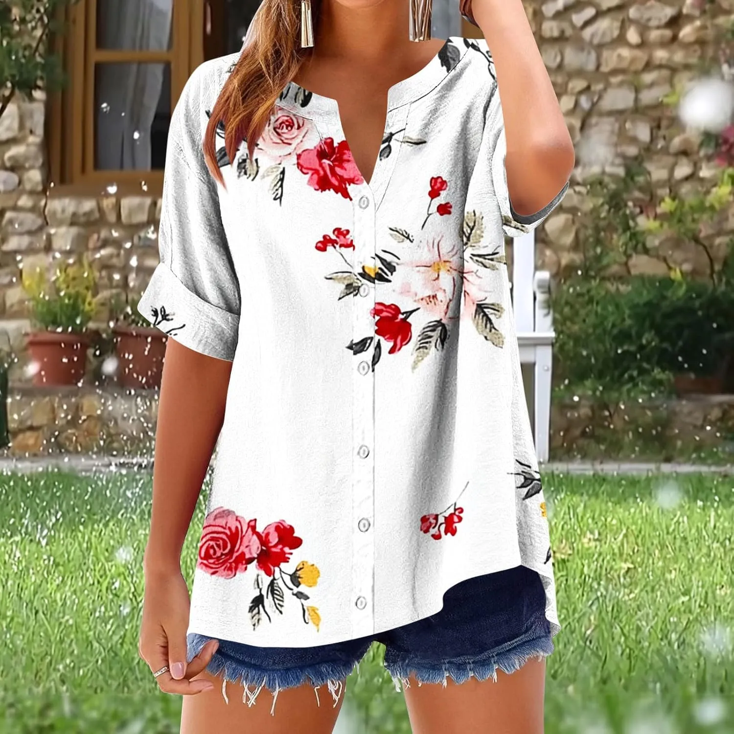 Linen Shirts Women Loose Fit Roll Up Short Sleeve Blouse Notch V Neck Button Down Tops Cute Print T-Shirt Summer 2025