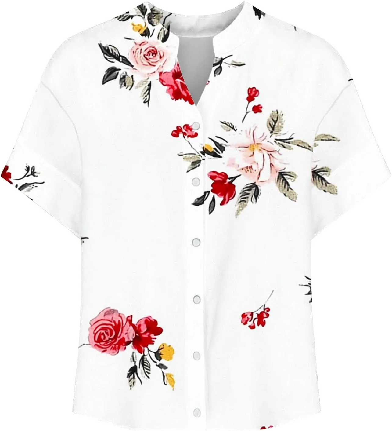 Linen Shirts Women Loose Fit Roll Up Short Sleeve Blouse Notch V Neck Button Down Tops Cute Print T-Shirt Summer 2025