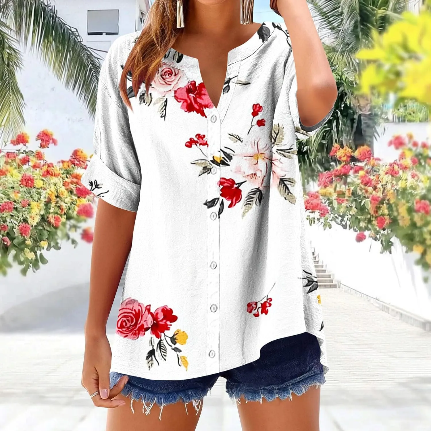 Linen Shirts Women Loose Fit Roll Up Short Sleeve Blouse Notch V Neck Button Down Tops Cute Print T-Shirt Summer 2025