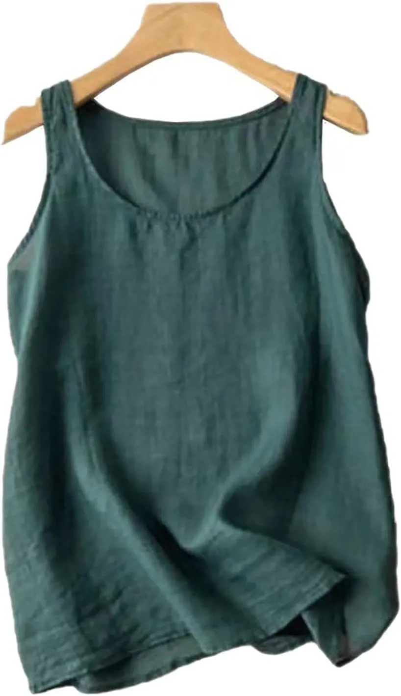 Linen Tank Tops for Women Sleeveless Summer Tee Shirts Loose Fit Crewneck Casual Flowy Vintage Blouses Tunic Tops