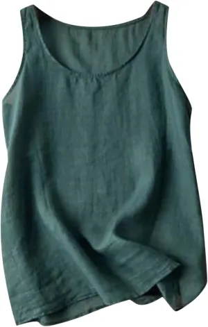 Linen Tank Tops for Women Sleeveless Summer Tee Shirts Loose Fit Crewneck Casual Flowy Vintage Blouses Tunic Tops