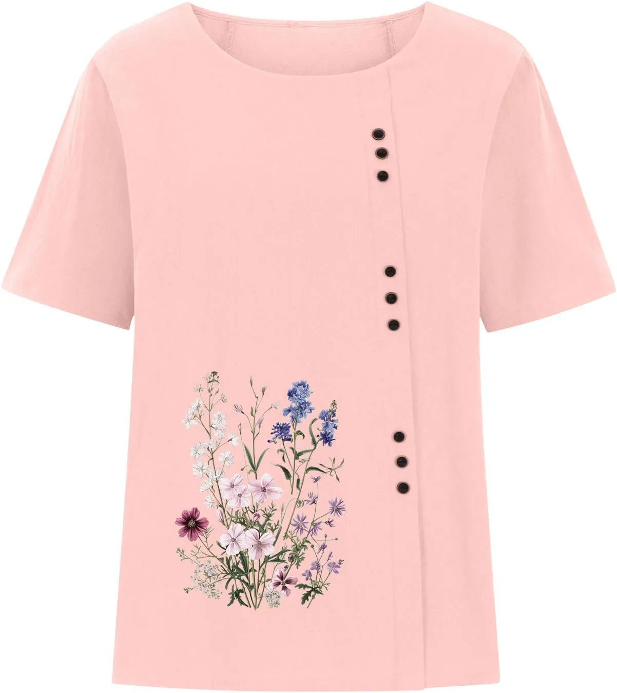 Linen Tops for Women Cute Floral Printed Shirts Crew Neck Short Sleeve Loose Fit Graphic Tees Summer Casual Blouses