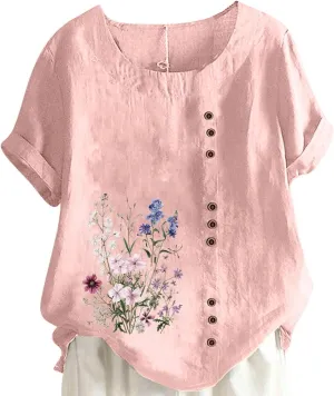 Linen Tops for Women Cute Floral Printed Shirts Crew Neck Short Sleeve Loose Fit Graphic Tees Summer Casual Blouses