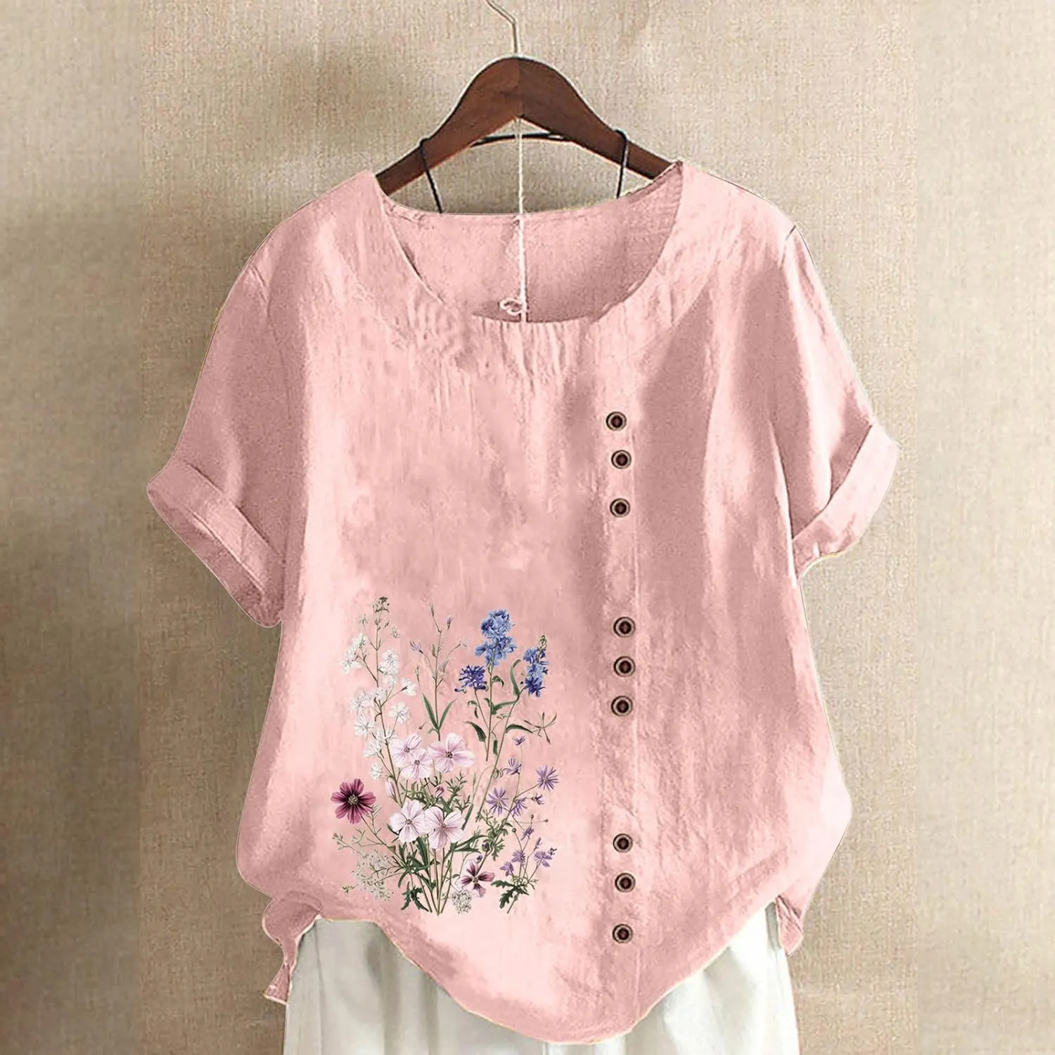 Linen Tops for Women Cute Floral Printed Shirts Crew Neck Short Sleeve Loose Fit Graphic Tees Summer Casual Blouses