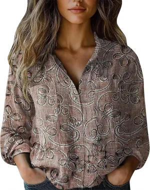 Linen Tops for Women Fashion Down Shirts Casual Tops Long Sleeve Blouse Ladies Summer Casual