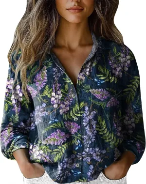 Linen Tops for Women Fashion Down Shirts Casual Tops Long Sleeve Blouse Ladies Summer Casual