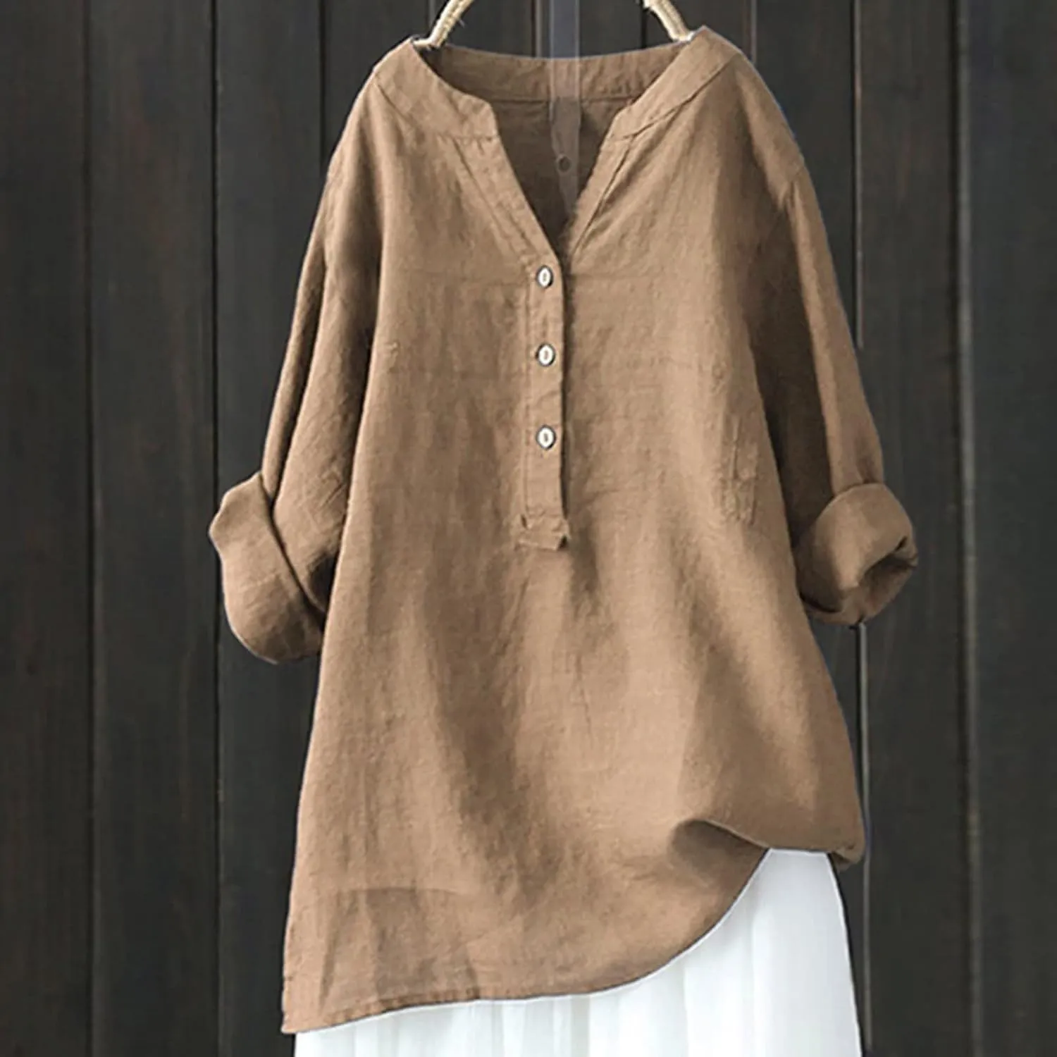 Linen Tops for Women Summer Casual Button Down 3/4 Sleeve Loose Cotton Linen Shirts V Neck Plus Size Tunic Tops Dressy Blouse