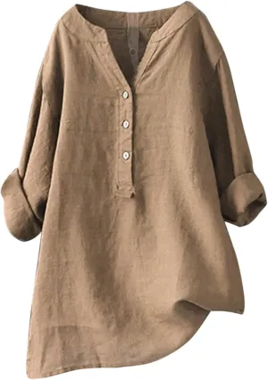 Linen Tops for Women Summer Casual Button Down 3/4 Sleeve Loose Cotton Linen Shirts V Neck Plus Size Tunic Tops Dressy Blouse