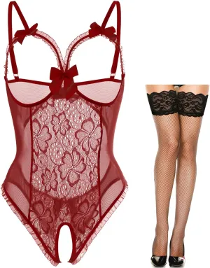 Lingerie for Women Sexy Teddy One-Piece Lace Babydoll Bodysuit Nightie Plus Size