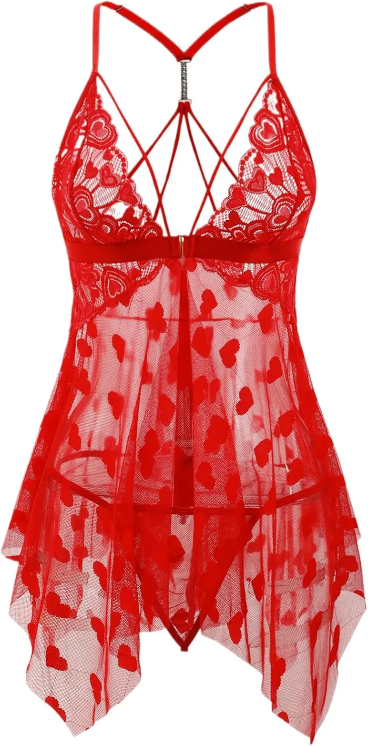 Lingerie for Women Sheer Lace Sleepwear Babydoll, Floral Pattern, Criss-Cross Back, Plus Size Lingerie S-5XL