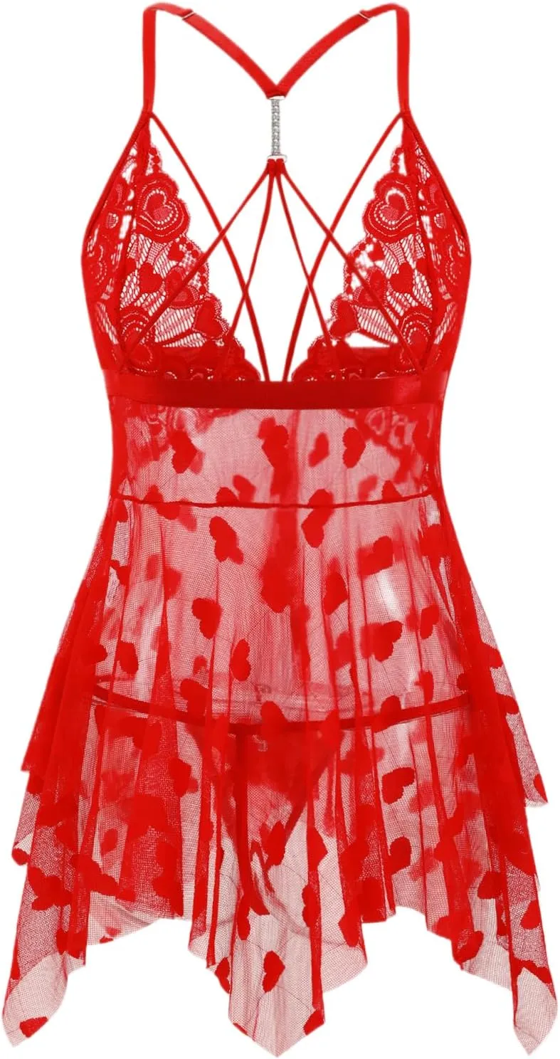 Lingerie for Women Sheer Lace Sleepwear Babydoll, Floral Pattern, Criss-Cross Back, Plus Size Lingerie S-5XL