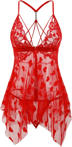 Lingerie for Women Sheer Lace Sleepwear Babydoll, Floral Pattern, Criss-Cross Back, Plus Size Lingerie S-5XL