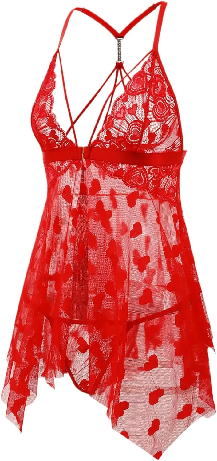 Lingerie for Women Sheer Lace Sleepwear Babydoll, Floral Pattern, Criss-Cross Back, Plus Size Lingerie S-5XL