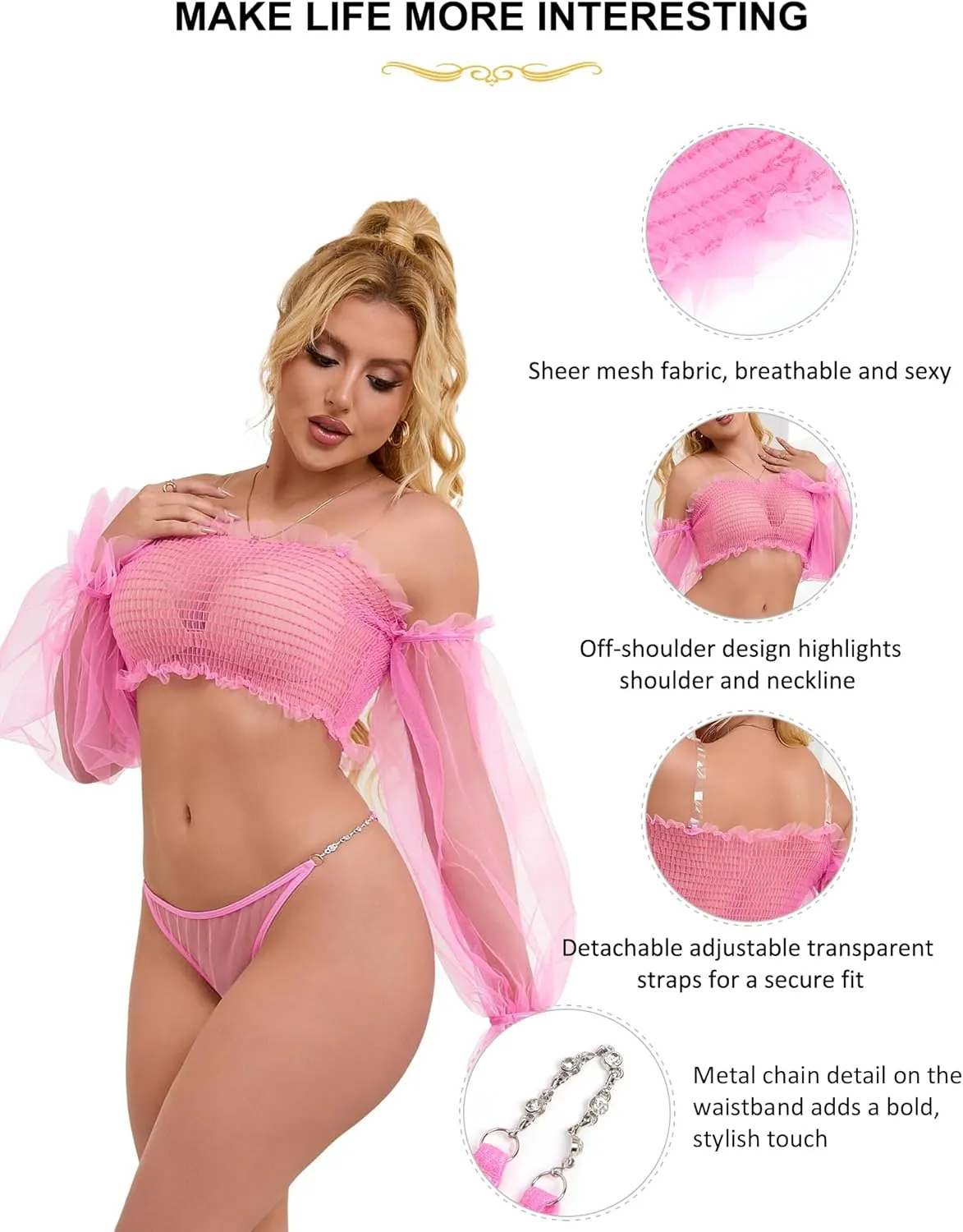 Lingerie Set for Women Off Shoulder See Through Lingerie Mesh Crop Top Sexy Bra and Panty Sets S-2XL