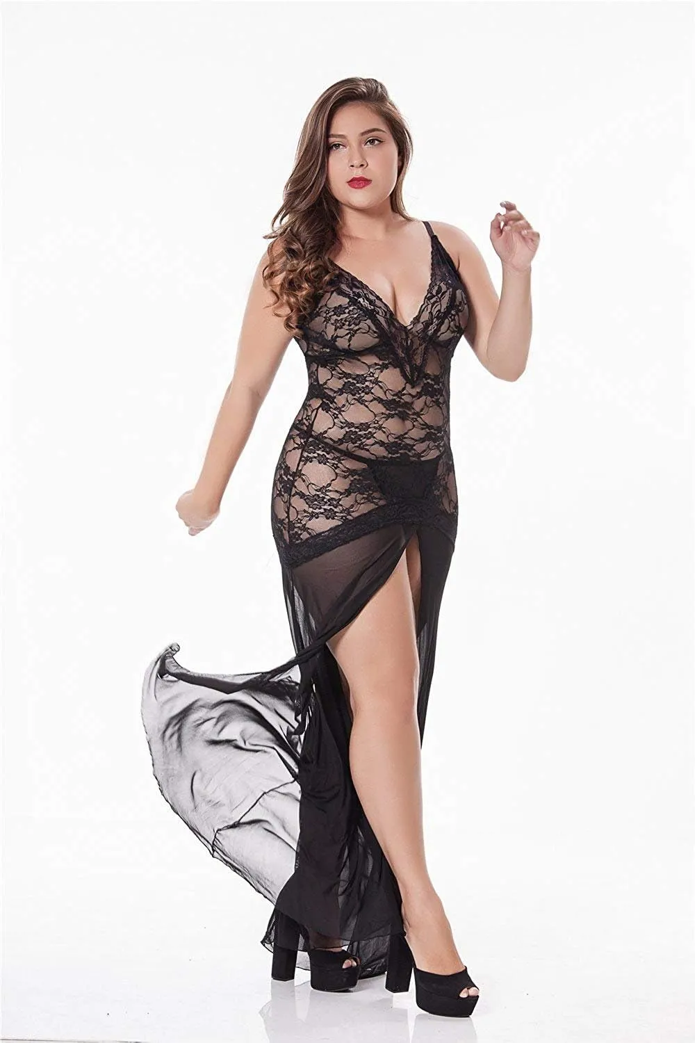 LINGERLOVE Women's Floral Lace Plus Size Babydoll Lingerie Set Sexy Split Maxi Long Nightgown Dress