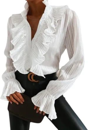 LOAIHA Womens Long Sleeve Blouse Ruffle Front Shirt Tops Button Down V Neck Dressy Chiffon Blouse Tops