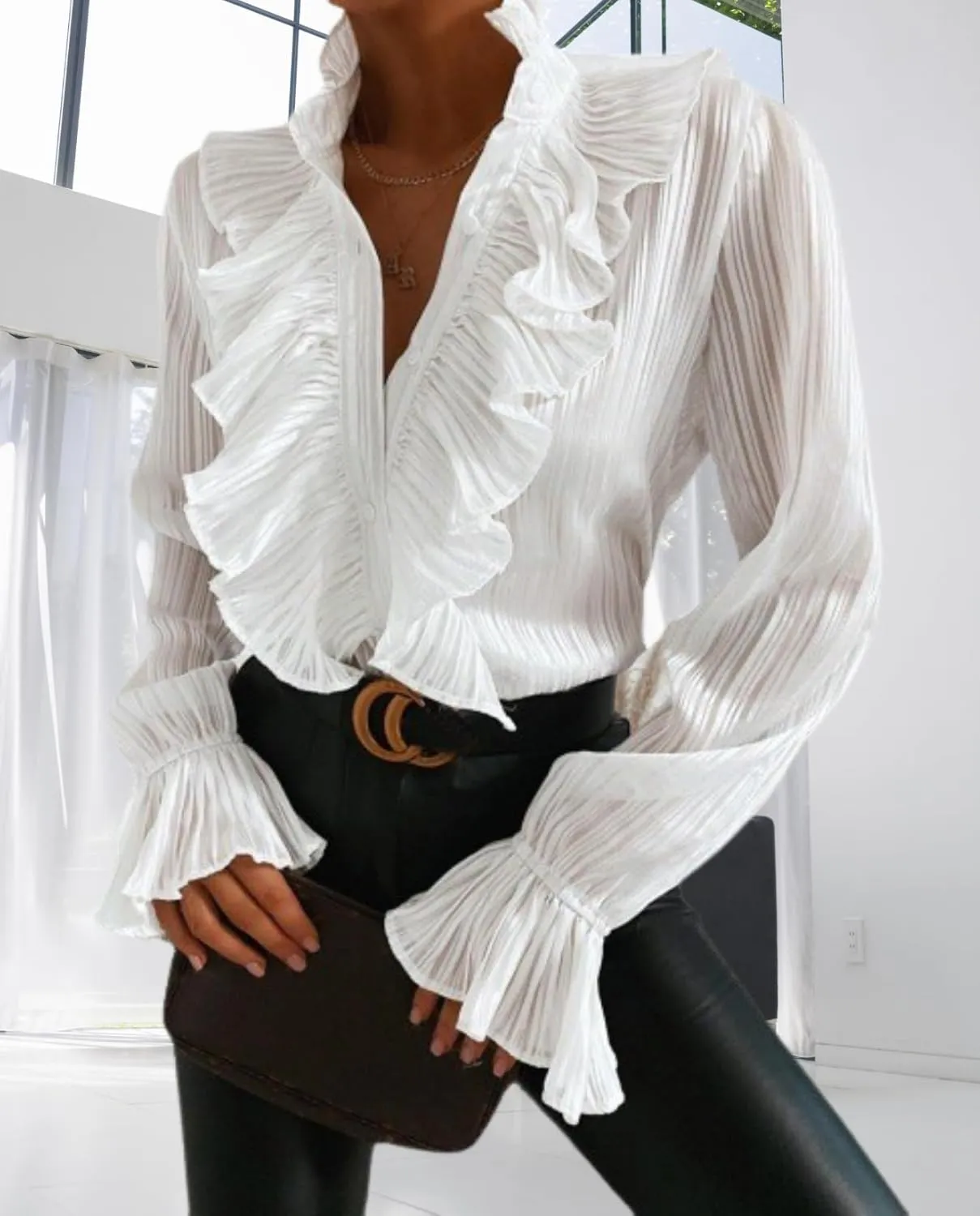 LOAIHA Womens Long Sleeve Blouse Ruffle Front Shirt Tops Button Down V Neck Dressy Chiffon Blouse Tops