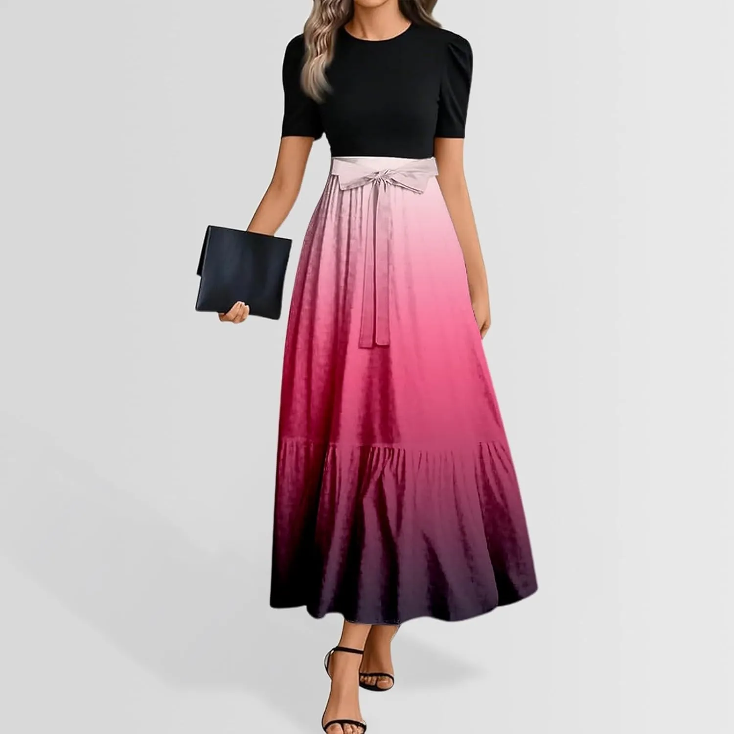 Long Floral Dresses for Women 2025 Elegant Boho Tie Belted Patchwork Waist Short Sleeve A-Line Flowy Maxi Dress